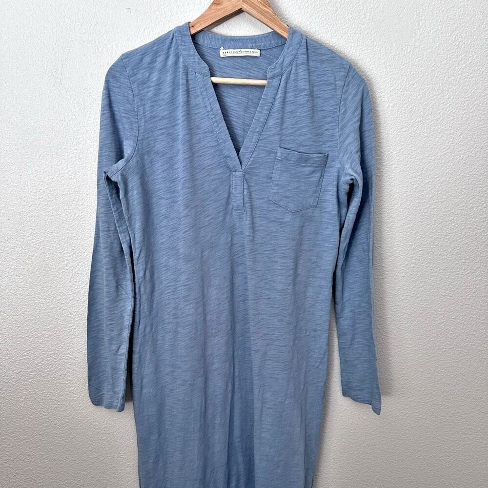 PERUVIAN CONNECTION | Split Neck Shirt Dress Maxi Blue‎ Slub Knit | Size Small